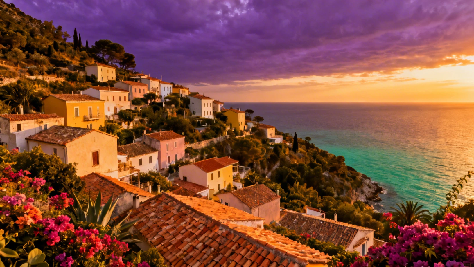 Village c&ocirc;tier europ&eacute;en au coucher du soleil
